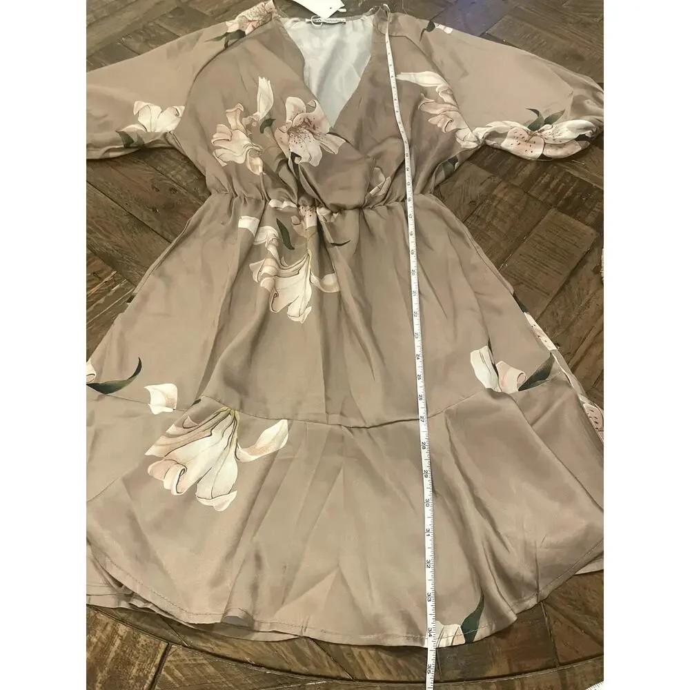 NWT Zara Floral Satin Faux Wrap Kimono Dress Size M Pink Lily Art